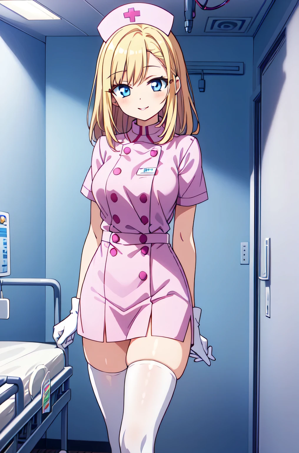 1woman, solo, nurse, white nurse cap, white nurse uniform, ((white legwear, zettai ryouiki)), white gloves, blonde hair, blue eyes, pink lips, smile, standing, ((hospital room)), sharp outline, short sleeves, mature female, 35 years old, best quality, masterpiece