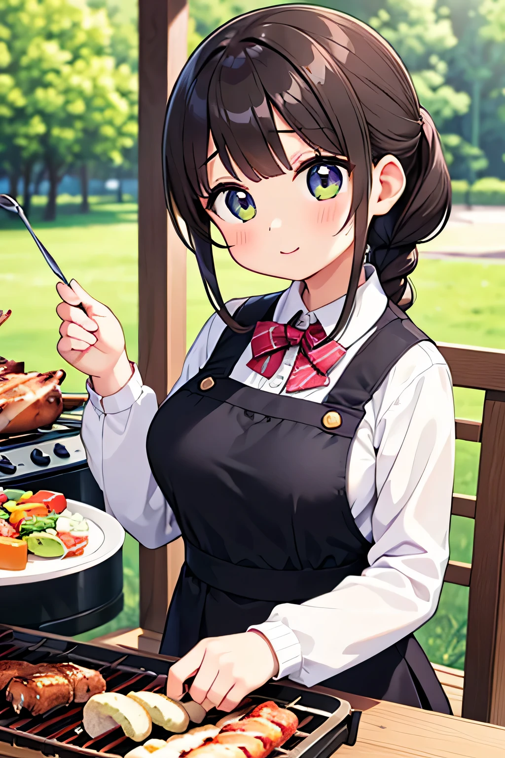 highest quality、High resolution、Detailed Background、(Beautiful face in every detail:1.4)、Anatomically correct、(Draw the usual number of fingers:1.2)、(Detailed facial expressions)、(Detailed eyes:1.2)、(Detailed eyes:1.2)、Beautiful, smooth skin、age beauty、(Three Women:1.3)、Huge breasts、(Highly detailed face:1.4)、Brown Hair、Black Hair、cute hair color、ponytail、Bobcut、Braided long hair、Wavy Hairstyle、well-groomed eyebrows、Perfect body line、Barbecue Spot、Outdoor cooking area、Cowboy Shot、
(Two women having a good time at a Barbecue Spot:1.5)、
You can enjoy a barbecue with your family and friends.、
Bring your own food and grill and enjoy outdoor cooking.、
Using cute tablecloths and coasters on the table and using cute colored crockery and cutlery will make the barbecue even more fun.、
We also recommend decorating your table with flowers and greenery.、(Cute clothes with minimal exposure:1.2)、cute