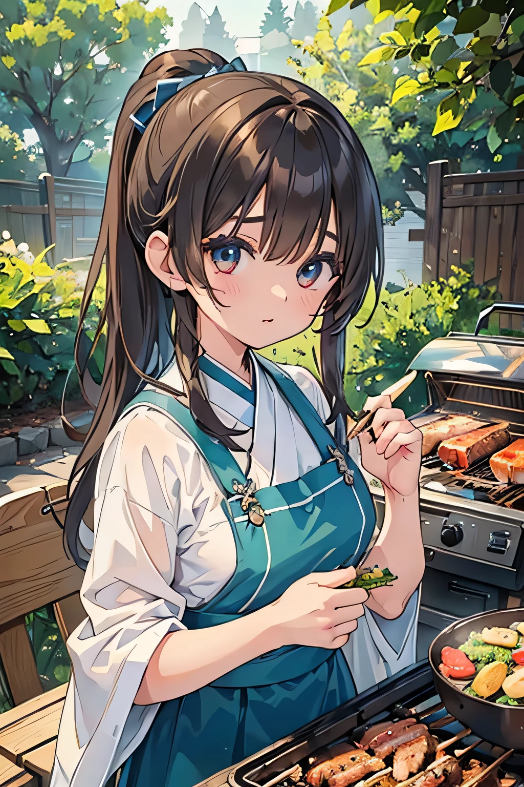 highest quality、High resolution、Detailed Background、(Beautiful face in every detail:1.4)、Anatomically correct、(Draw the usual number of fingers:1.2)、(Detailed facial expressions)、(Detailed eyes:1.2)、(Detailed eyes:1.2)、Beautiful, smooth skin、Teenage beauty、(Three Women:1.3)、Huge breasts、(Highly detailed face:1.4)、Brown Hair、Black Hair、cute hair color、ponytail、Bobcut、Braided long hair、Wavy Hairstyle、well-groomed eyebrows、Perfect body line、Barbecue Spot、Outdoor cooking area、Cowboy Shot、
(Two women having a good time at a Barbecue Spot:1.5)、
You can enjoy a barbecue with your family and friends.、
Bring your own food and grill and enjoy outdoor cooking.、
Using cute tablecloths and coasters on the table and using cute colored crockery and cutlery will make the barbecue even more fun.、
We also recommend decorating your table with flowers and greenery.、Minimally revealing clothing、cute