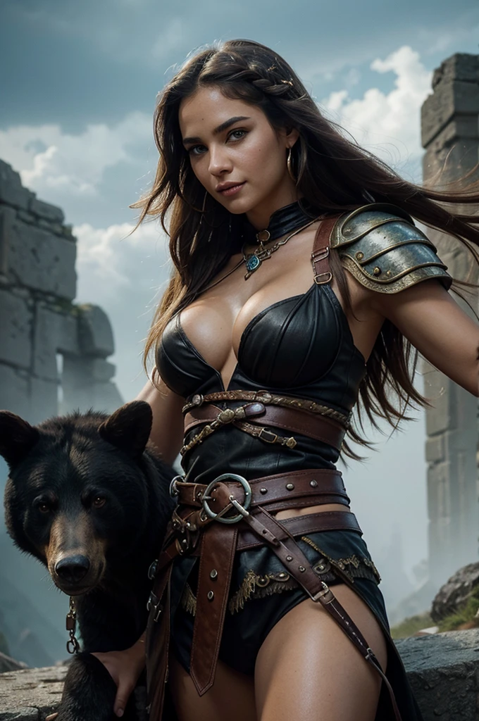 smiling fantasy barbarian girl,black bear,illustration,ultra-detailed,painted style,vibrant colors,heroic pose,fantasy portrait,adventure theme,strong and fearless girl,braided hair,wilderness,ancient ruins,leather armor,fierce expression,beautiful detailed eyes,beautiful detailed lips,soft lighting,enchanted sword,fantasy creatures,strength and beauty,bravery and courage,mythical realm,extraordinary power,noble and divine,heroic companion,fierce loyalty,magnificent fantasy world,
