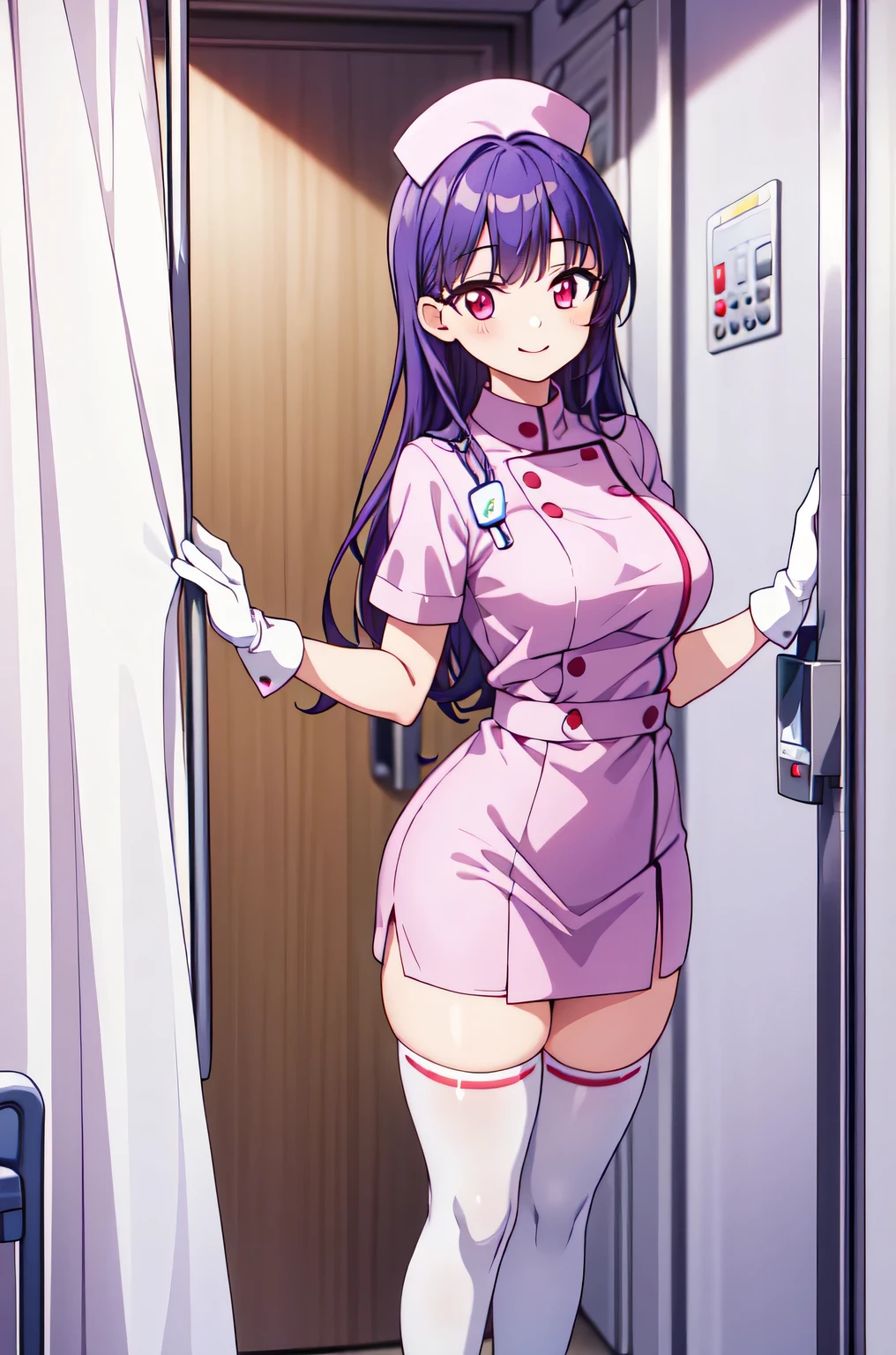 1woman, solo, nurse, white nurse cap, white nurse uniform, ((white legwear, zettai ryouiki)), white gloves, long hair, purple hair, red eyes, pink lips, smile, standing, ((hospital room)), sharp outline, short sleeves, mature female, 35 years old, best quality, masterpiece