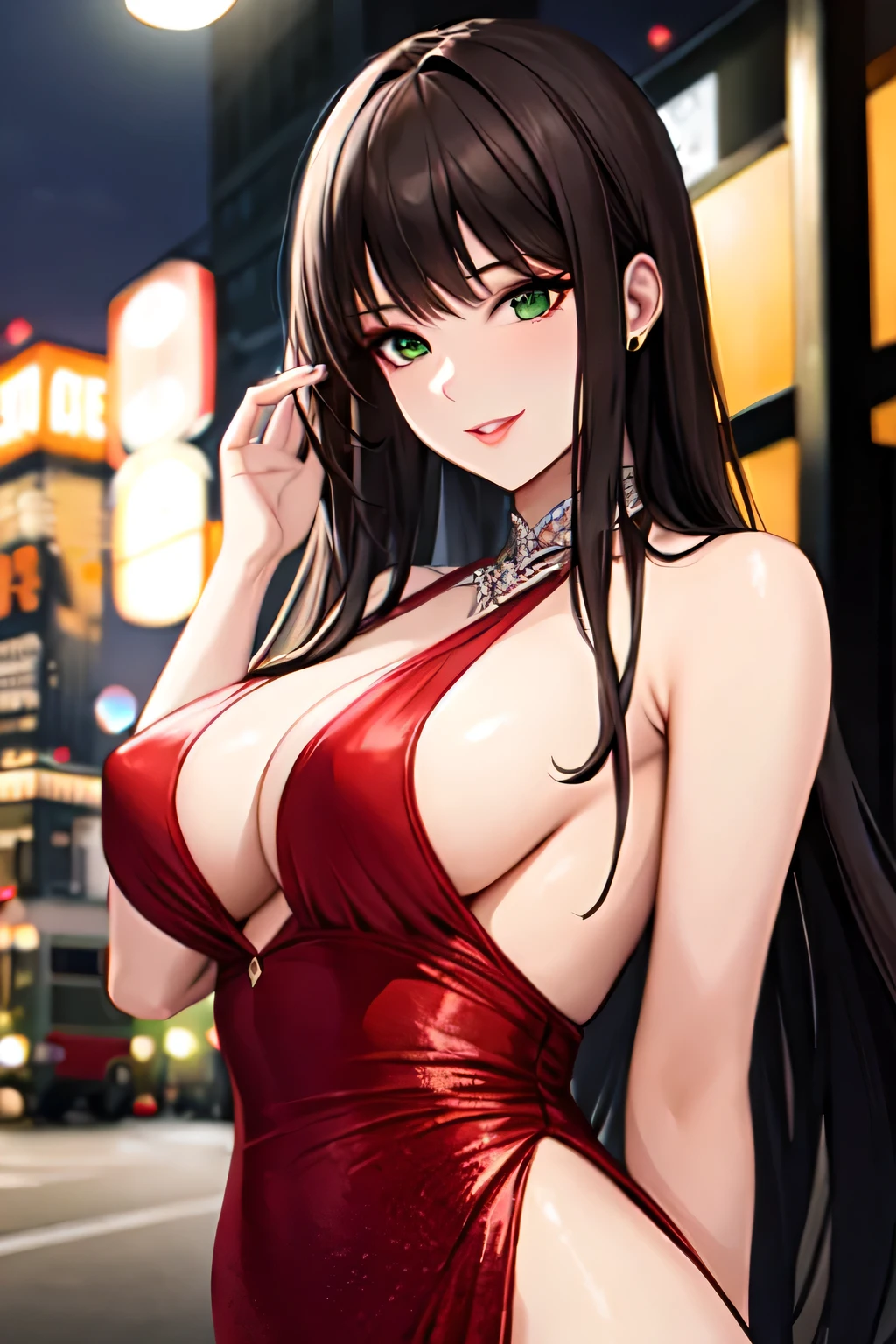 ((best quality)), ((masterpiece)), (detailed), perfect face, an ethereal mature woman with long brown hair and green eyes is wearing an elegant red gown dress, alone at night, city lights, smiling, confident, proud pose, beautiful female model, celebrity, famous socialite, mouth closed, large breasts, gorgeous woman
