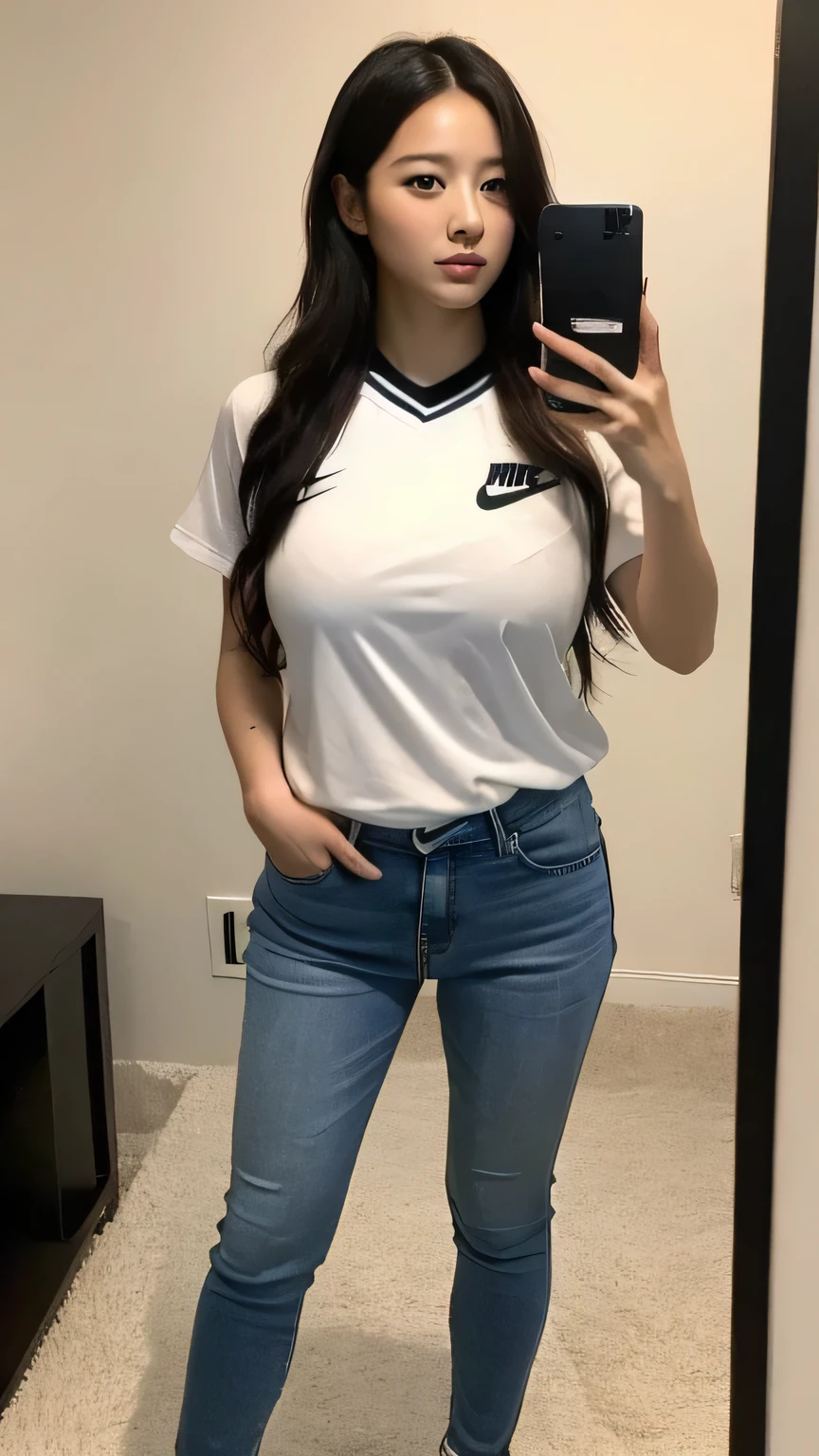 （real， High resolution：1.3），Young Japanese woman， Nike soccer uniforms，Full body photo standing at home、Instagram style、Selfie with smartphone、 Very beautiful face and eyes，Long Hair，Dark jeans， Big breasts and plump