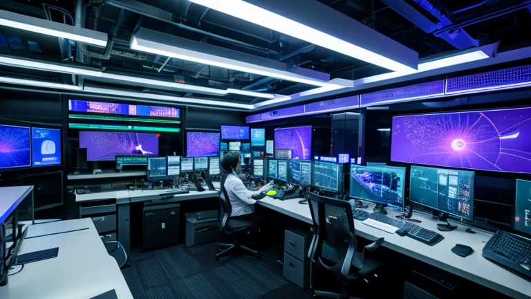 a futuristic lab filled with complex machines and data streaming monitors.