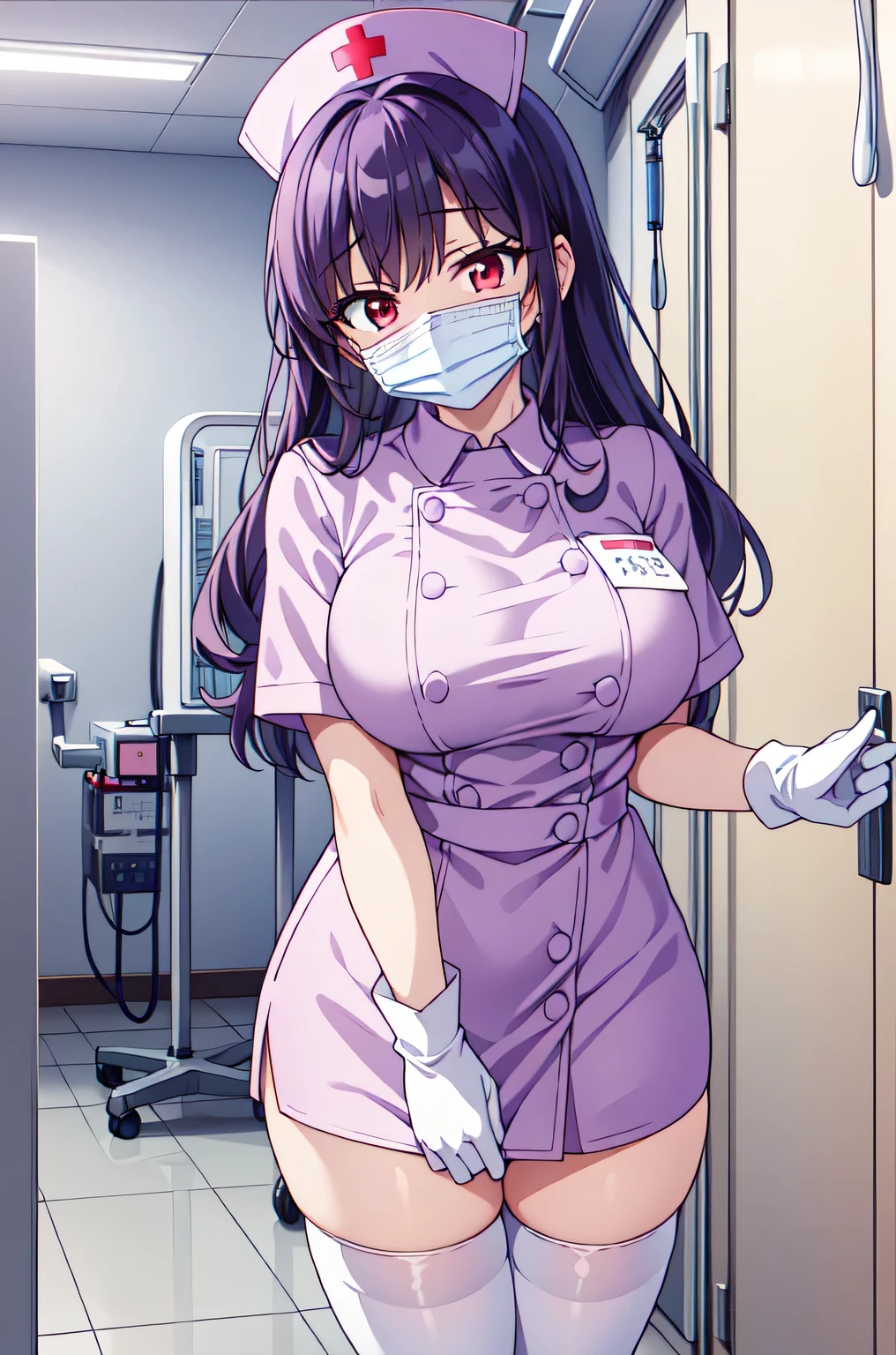 1woman, solo, nurse, white nurse cap, white nurse uniform, ((white legwear, zettai ryouiki)), white gloves, long hair, purple hair, red eyes, ((white surgical mask, covered nose)), standing, ((hospital room)), sharp outline, short sleeves, mature female, 35 years old, best quality, masterpiece