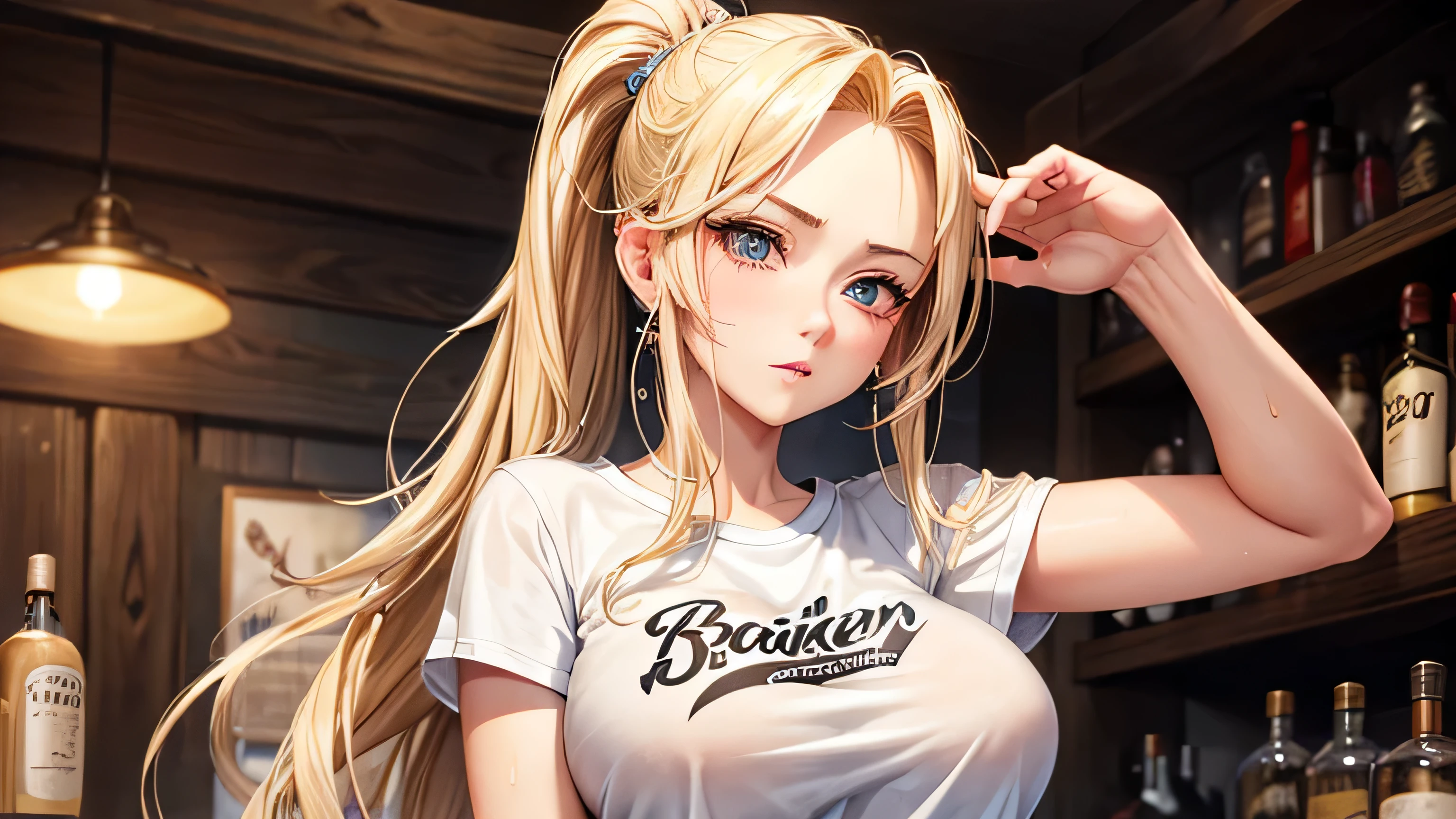 30th Generation One woman T-Shirts Big Breasts Blonde beauty Long Hair up A worn-out bar Bourbon Perfect and detailed facial expression Perfect and detailed eye depiction Perfect and detailed hair Perfectly detailed upper body Perfect and detailed breast depiction