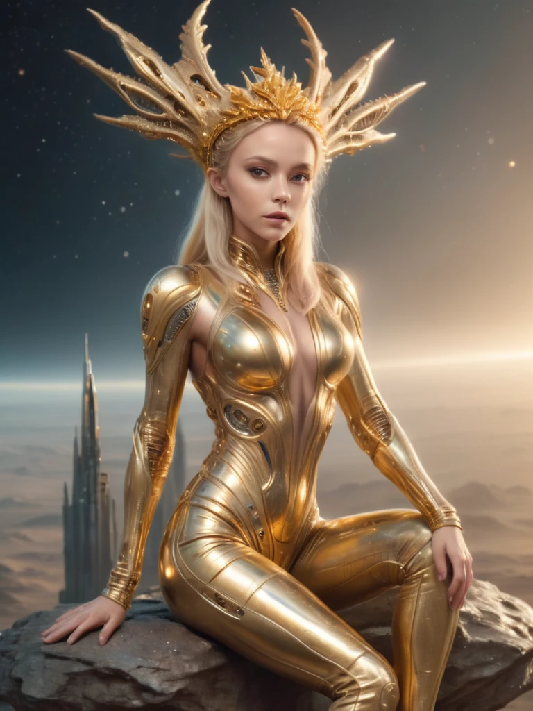 Full Body Shot, masterpiece, highest quality, (Realistic:1.4), Beautiful blonde woman photo, Wearing golden alien skin clothing, Gold Alien Skin Crown, Futuristic throne, 