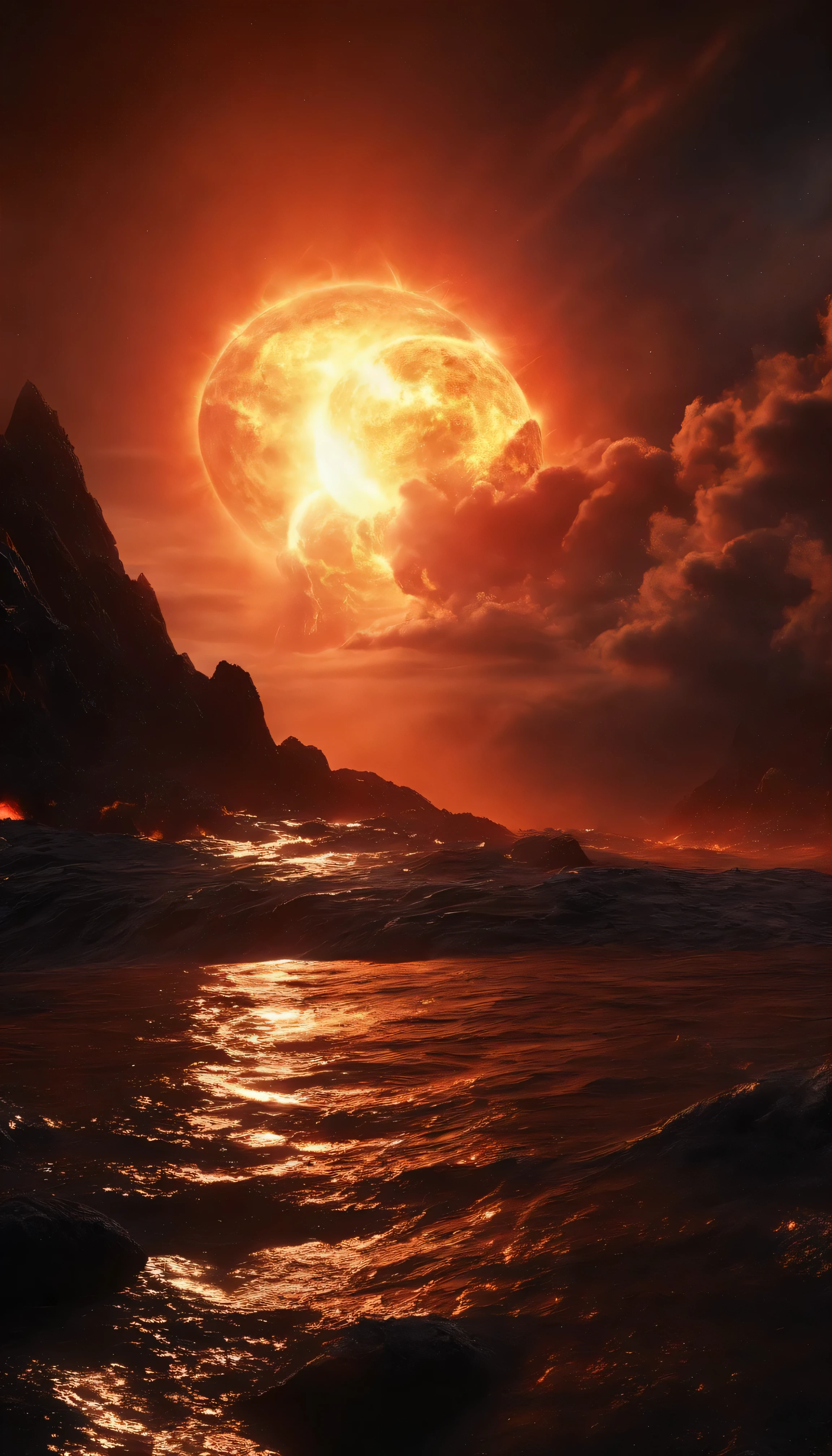 ((Best quality)), ((Masterpiece)), (dramatic scene), The Earth and the Sun collapse into black holes as the Sun, (Doomsday lighting:1.3), The sun darkens when implosed, (Epic composition:1.2), Earth bathed in red light, (CG animation:1.1), Flames and debris are inhaled, (Emergency atmosphere:1.2), People fleeing by boat, (movie atmosphere:1.3), Nebulae and galaxies in the background, (High contrast:1.1), (8K resolution:1.0),Five knots