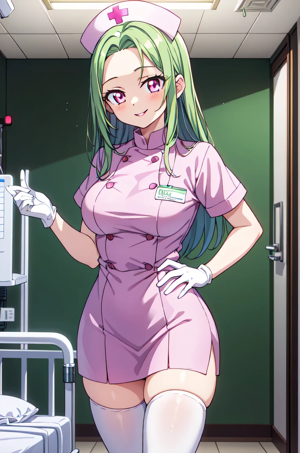 1woman, solo, nurse, white nurse cap, white nurse uniform, ((white legwear, zettai ryouiki)), white gloves, forehead, long hair, green hair, pink eyes, pink lips, smile, standing, ((hospital room)), sharp outline, short sleeves, mature female, 35 years old, best quality, masterpiece