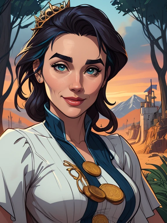 Personagem mulher estilo atompunk Fiona rainha Anna de Arendelle com marcas de guerras Imagem de desenho animado de uma mulher .Ilustra??o estilo desenho animado, estilo de arte dos desenhos animados, estilo de arte dos desenhos animados, digital illustration style, estilo atompunk design de personagens altamente detalhado, arte digital detalhada coragem, Forest fan art, Design de personagens de retrato, beautiful digital illustration, retrato de alta qualidade, Arte em quadrinhos, mulher jovem cabelo com transas lindas . Queen Anna of ArendelleBeautiful lined eyes Medium large bust and wonderful sexy clothes. image expression of sexual desire from waist to head illustration Queen Anne of Arendelle atompunk style Fallout 4 style pose playboy magazine sensual witch Character cartoon style facial expression happy beautiful smile and six medium small portrait mode waist up with lots of gold around her other stones portrait precious mode waist up queen of the south Jennifer Connelly GTA scenery dominatrix gold coins chest with jewelry with her boyfriend, um homem com barba preta, armado com um estilo militar,