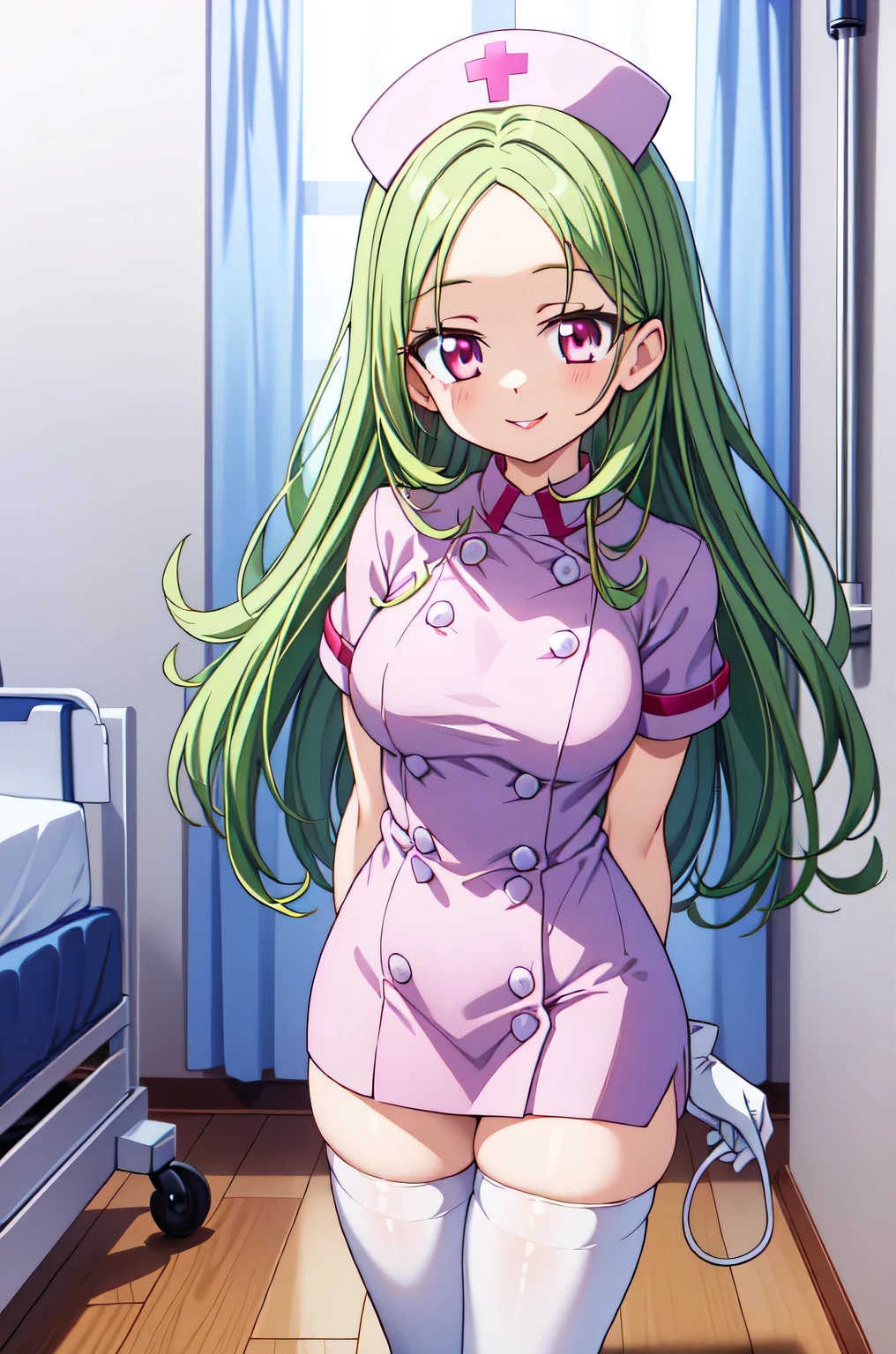 1woman, solo, nurse, white nurse cap, white nurse uniform, ((white legwear, zettai ryouiki)), white gloves, forehead, long hair, green hair, pink eyes, pink lips, smile, standing, ((hospital room)), sharp outline, short sleeves, mature female, 35 years old, best quality, masterpiece