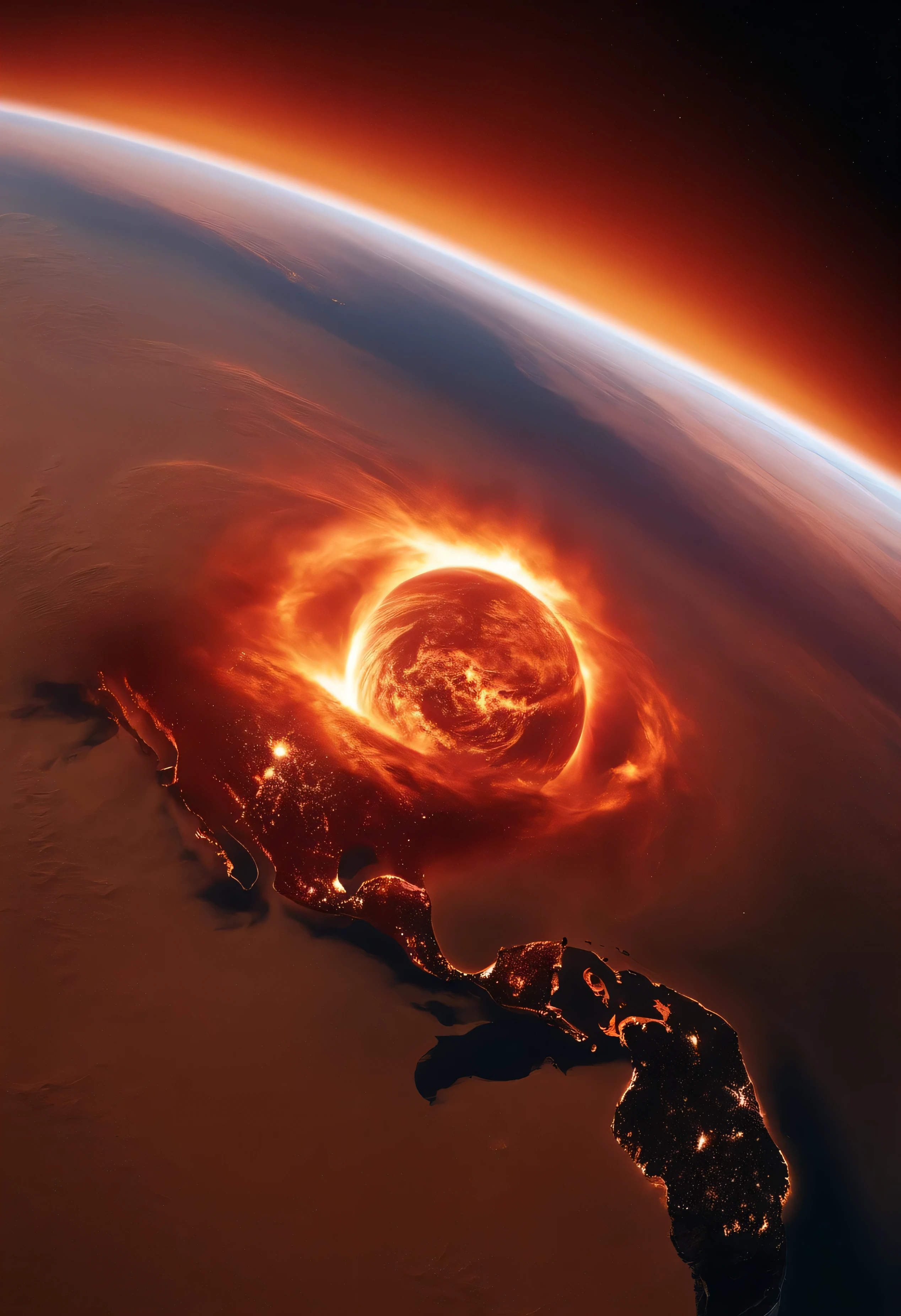 burning planet earth being observed from space