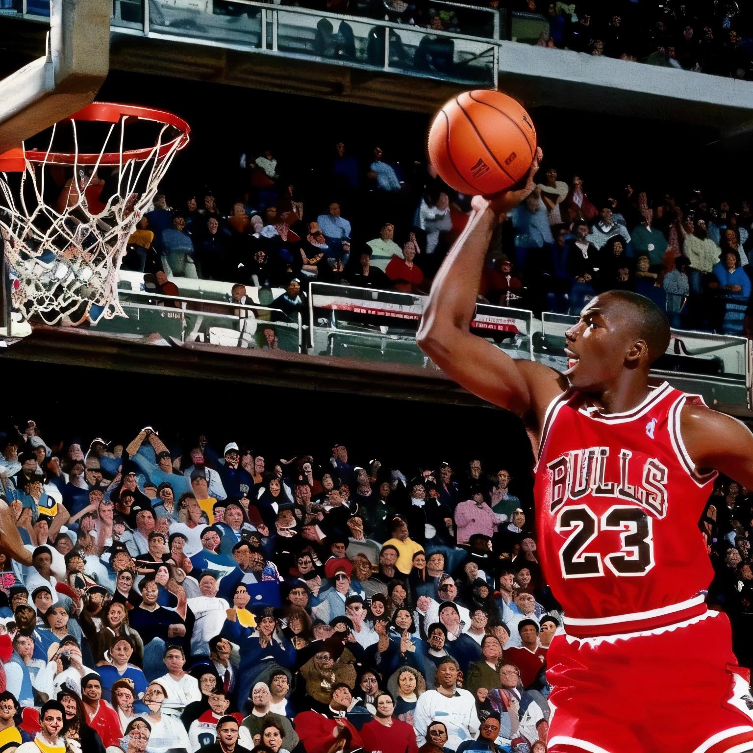 arafed basketball player in red and white uniform jumping to dunk the ball, michael jordan, dunking, jordan, slam dunk, photograph credit: ap, acclaimed masterpiece, perfect shot, centered shot, fan favorite, 1 9 9 2, 1992, , , inspired by Jordan Grimmer, end of an era