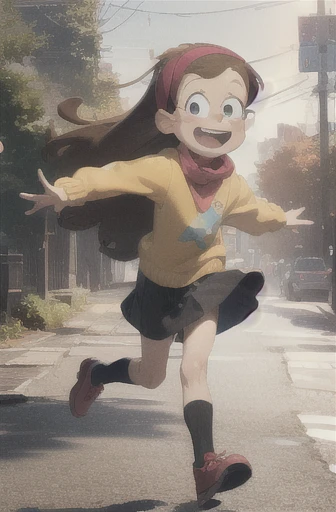 MabelPines, brown hair, long hair, hair band, flat chest, smile, braces, open mouth, sweter, skirt, shoes, star print, outdoors