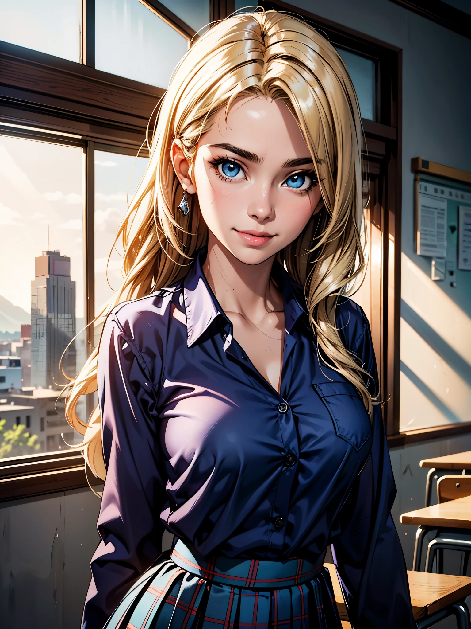 (masterpiece:1.2, top-quality), (realistic, photorealistic:1.4), beautiful illustration, (natural side lighting, movie lighting), 
looking at viewer, upper body, front view, 1 girl, japanese, 16 years old, perfect face, cute and symmetrical face, shiny skin, babyface, 
(long hair, straight hair:1.2, blond hair), hair between eyes, blue eyes, (middle breasts, seductive thighs, big ass), 
beautiful hair, beautiful face, beautiful detailed eyes, beautiful clavicle, beautiful body, beautiful chest, beautiful thigh, beautiful legs, beautiful fingers, 
((long sleeve light blue collared shirts, navy pleated skirt)), blue plaid bow tie, 
(beautiful scenery), evening, classroom, blackboard, standing, (lovely smile, upper eyes), 