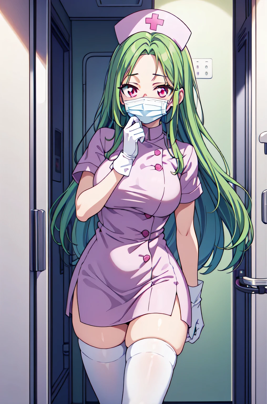 1woman, solo, nurse, white nurse cap, white nurse uniform, ((white legwear, zettai ryouiki)), white gloves, forehead, long hair, green hair, pink eyes, ((white surgical mask, covered nose)), standing, ((hospital room)), sharp outline, short sleeves, female, 35 years old, best quality, masterpiece