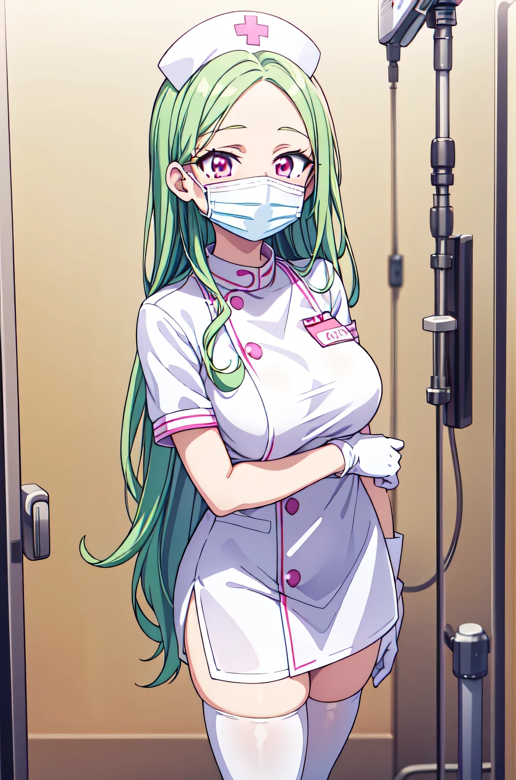 1woman, solo, nurse, white nurse cap, white nurse uniform, ((white legwear, zettai ryouiki)), white gloves, forehead, long hair, green hair, pink eyes, ((white surgical mask, covered nose)), standing, ((hospital room)), sharp outline, short sleeves, mature female, 35 years old, best quality, masterpiece