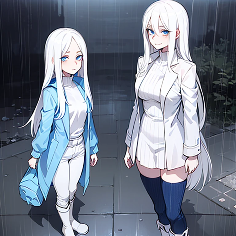 1girl, tall, long white hair, pale, blue eyes, flat chest, emotionless eyes, cute smile, bags under eyes, skinny, in transparent rain jacket, rain boots, jeans,