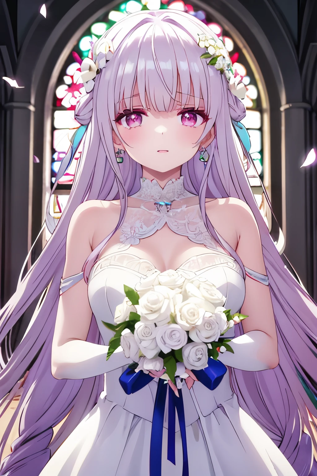 ((rainbow hair, drill hair)), head wreath, happy tears, crystal earrings, light smile, happy, Hyperrealism, Verism, cinematic lighting, reflection light, tachi-e, cowboy shot, UHD, ((masterpiece)), ((best quality)), highres, (textured skin), 8k, Wedding bride, pure white wedding dress, silk gloves, bouquet, in church, colorful petals dancing behind her