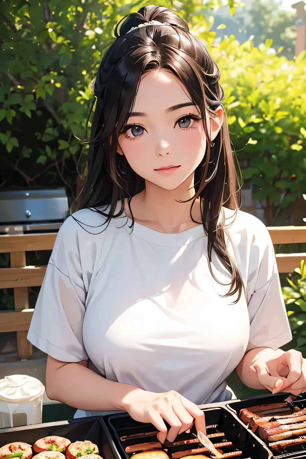 highest quality、High resolution、Detailed Background、(Beautiful face in every detail:1.4)、Anatomically correct、(Draw the usual number of fingers:1.2)、(Detailed facial expressions)、(Detailed eyes:1.2)、(Detailed eyes:1.2)、Beautiful, smooth skin、age beauty、(Three Women:1.3)、Huge breasts、(Highly detailed face:1.4)、Brown Hair、Black Hair、cute hair color、ponytail、Bobcut、Braided long hair、Wavy Hairstyle、well-groomed eyebrows、Perfect body line、Barbecue Spot、Outdoor cooking area、Cowboy Shot、
(Two women having a good time at a Barbecue Spot:1.5)、
You can enjoy a barbecue with your family and friends.、
Bring your own food and grill and enjoy outdoor cooking.、
Using cute tablecloths and coasters on the table and using cute colored crockery and cutlery will make the barbecue even more fun.、
We also recommend decorating your table with flowers and greenery.、cute
