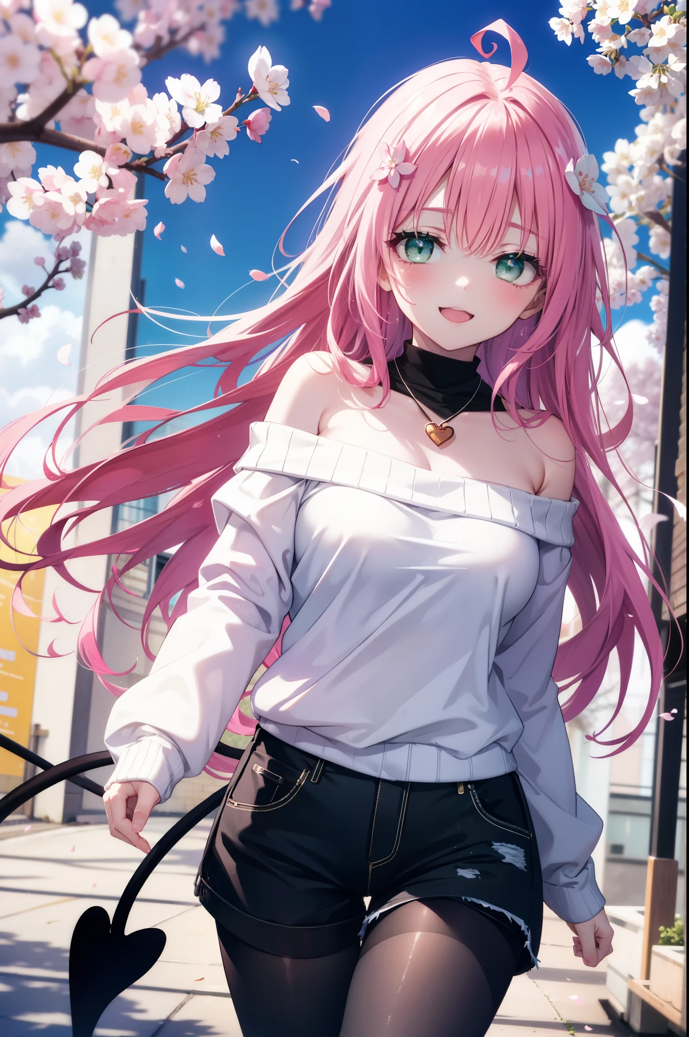 Lara Deviluke, Lara Deviluke, Long Hair, Pink Hair, tail, Ahoge, bangs, hair ornaments, (Green Eyes:1.5), happy smile, smile, Open your mouth,demon tail,Off-the-shoulder sweater,Exposing shoulders,bare clavicle,Bare neck,Heart Pendant,Shorts,Black Pantyhose,short boots,Cherry blossoms are blooming,Cherry blossoms are scattered,Cherry blossom tree-lined path,Daytime,Clear skies,
break outdoors, city,ビル街
break looking at viewer, (Cowboy Shot:1. 5)
break (masterpiece:1.2), highest quality, High resolution, unity 8k w全てpaper, (shape:0.8), (beautiful detailed eyes:1.6), extremely detailed face, Perfect lighting, extremely detailed CG, (Perfect hands, Perfect Anatomy),