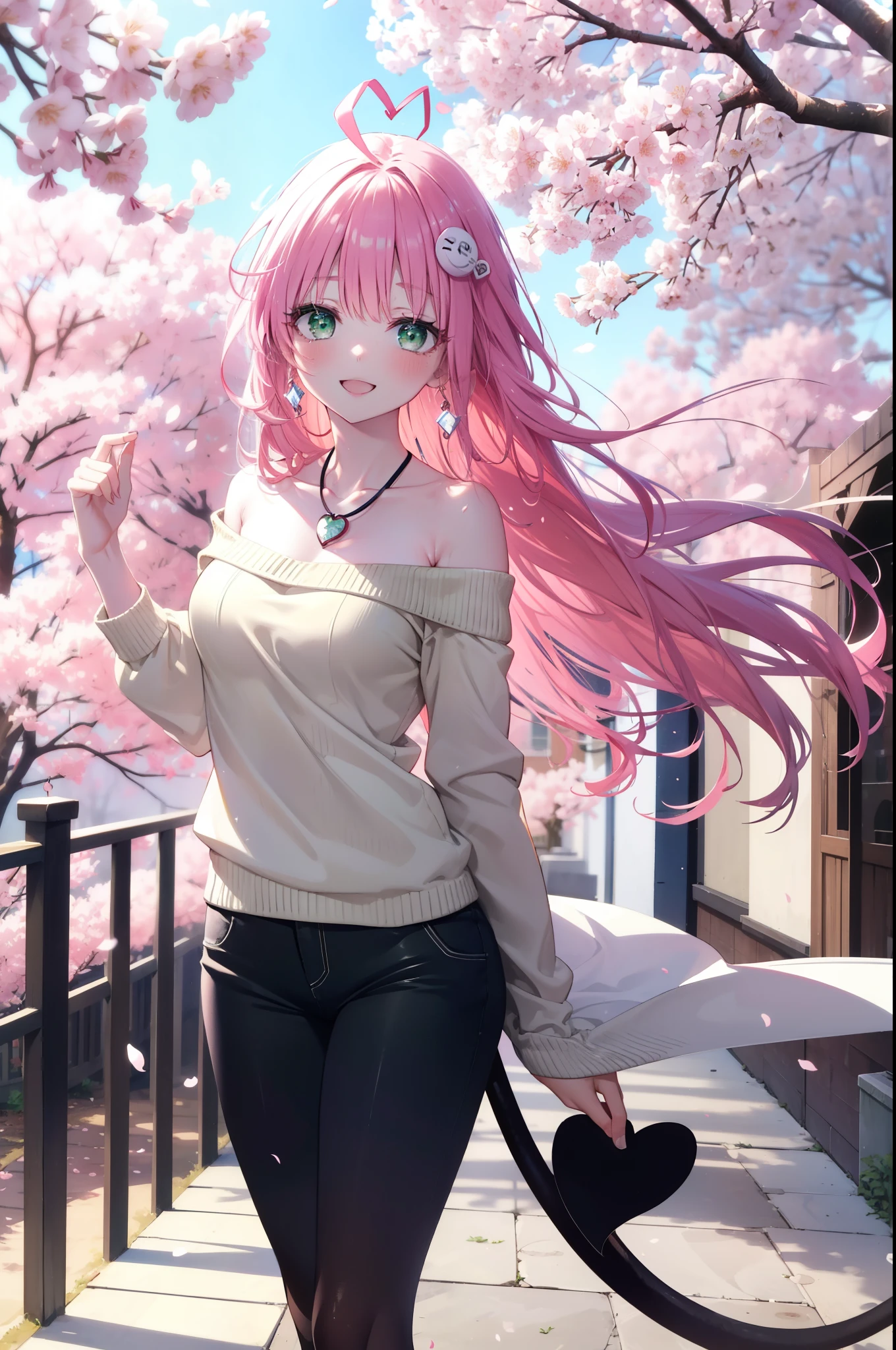 Lara Deviluke, Lara Deviluke, Long Hair, Pink Hair, tail, Ahoge, bangs, hair ornaments, (Green Eyes:1.5), happy smile, smile, Open your mouth,demon tail,Off-the-shoulder sweater,Exposing shoulders,bare clavicle,Bare neck,Heart Pendant,Shorts,Black Pantyhose,short boots,Cherry blossoms are blooming,Cherry blossoms are scattered,Cherry blossom tree-lined path,Daytime,Clear skies,
break outdoors, city,ビル街
break looking at viewer, (Cowboy Shot:1. 5)
break (masterpiece:1.2), highest quality, High resolution, unity 8k w全てpaper, (shape:0.8), (beautiful detailed eyes:1.6), extremely detailed face, Perfect lighting, extremely detailed CG, (Perfect hands, Perfect Anatomy),