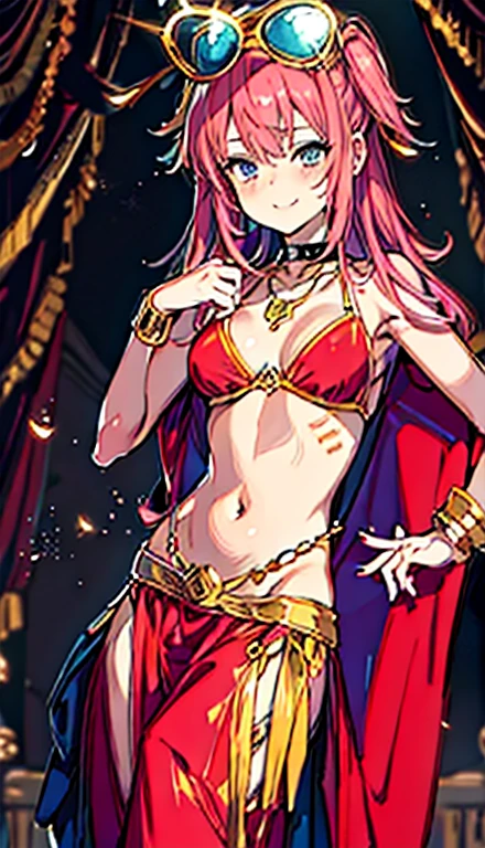 A smug narcissistic pink haired woman wearing a golden bra and golden pants and lots of jewelry flaunting herself