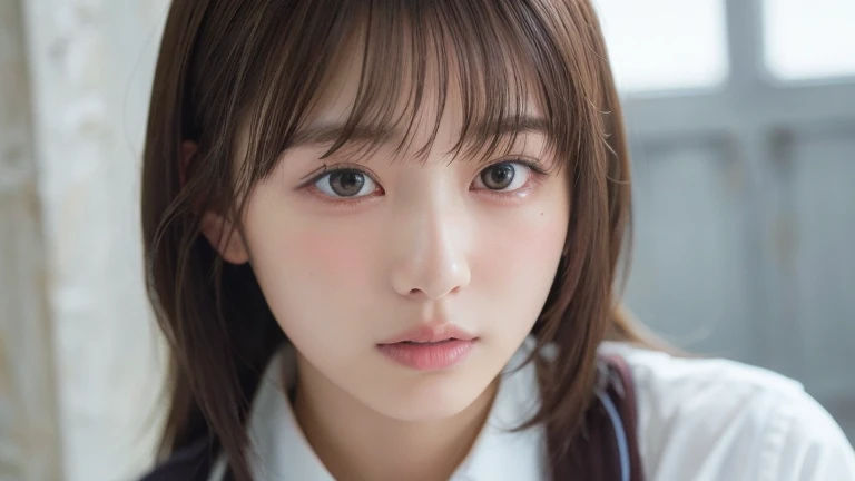 (long cut hair, bangs:1.2),(Wearing school uniform:1.2),1 girl,Japanese,21 years old,(Small breasts:1.3),(highest quality,masterpiece:1.3,超A high resolution,),(Ultra-detailed,Caustics),(Photorealistic:1.4,RAW shooting,)Ultra-Realistic Capture,Very detailed,High resolution 16K human skin close-up。 Natural skin texture、,Pores、、It needs to be detailed enough to be easily identifiable。 Skin should be even-toned and healthy looking。 Use natural light and colour, Sad expression, Looking at the camera, Perfect dynamic composition, Outdoor