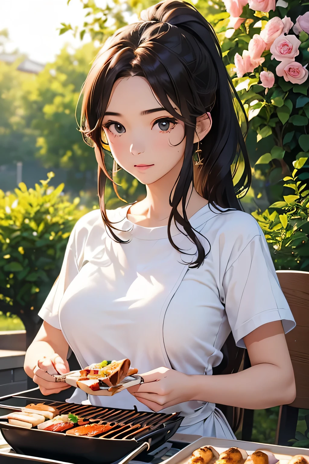highest quality、High resolution、Detailed Background、(Beautiful face in every detail:1.4)、Anatomically correct、(Draw the usual number of fingers:1.2)、(Detailed facial expressions)、(Detailed eyes:1.2)、(Detailed eyes:1.2)、Beautiful, smooth skin、age beauty、(Three Women:1.3)、Huge breasts、(Highly detailed face:1.4)、Brown Hair、Black Hair、cute hair color、ponytail、Bobcut、Braided long hair、Wavy Hairstyle、well-groomed eyebrows、Perfect body line、Barbecue Spot、Outdoor cooking area、Cowboy Shot、
(Women having a good time at Barbecue Spot:1.5)、
You can enjoy a barbecue with your family and friends.、
Bring your own food and grill and enjoy outdoor cooking.、
Using cute tablecloths and coasters on the table and using cute colored crockery and cutlery will make the barbecue even more fun.、
We also recommend decorating your table with flowers and greenery.、cute