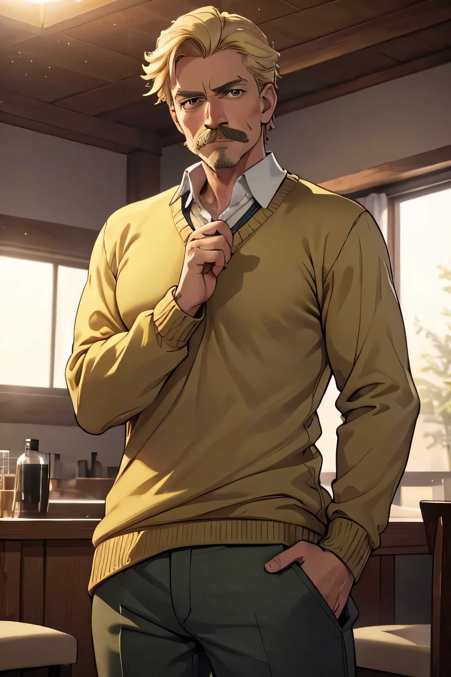 : ash blond hair, light green eyes, 8k, masterpiece, man, handsome, middle-aged, moustache, best quality, hi-res, hi-resolution, sweater, slacks, fair skin, short hair, 8k, masterpiece, hi-resolution, best quality, hi-res, Top Quality, High Quality, High Resolution,
