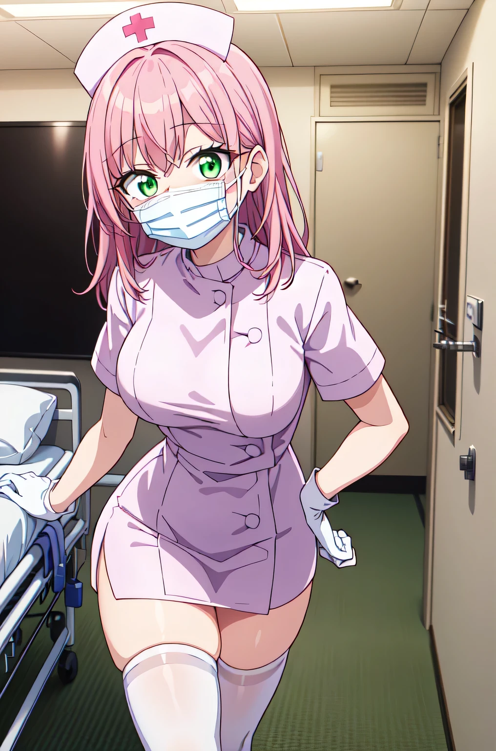 1woman, solo, nurse, white nurse cap, white nurse uniform, ((white legwear, zettai ryouiki)), white gloves, pink hair, green eyes, drooping eyes, ((white surgical mask, covered nose)), standing, ((hospital room)), sharp outline, short sleeves, mature female, 32 years old, best quality, masterpiece