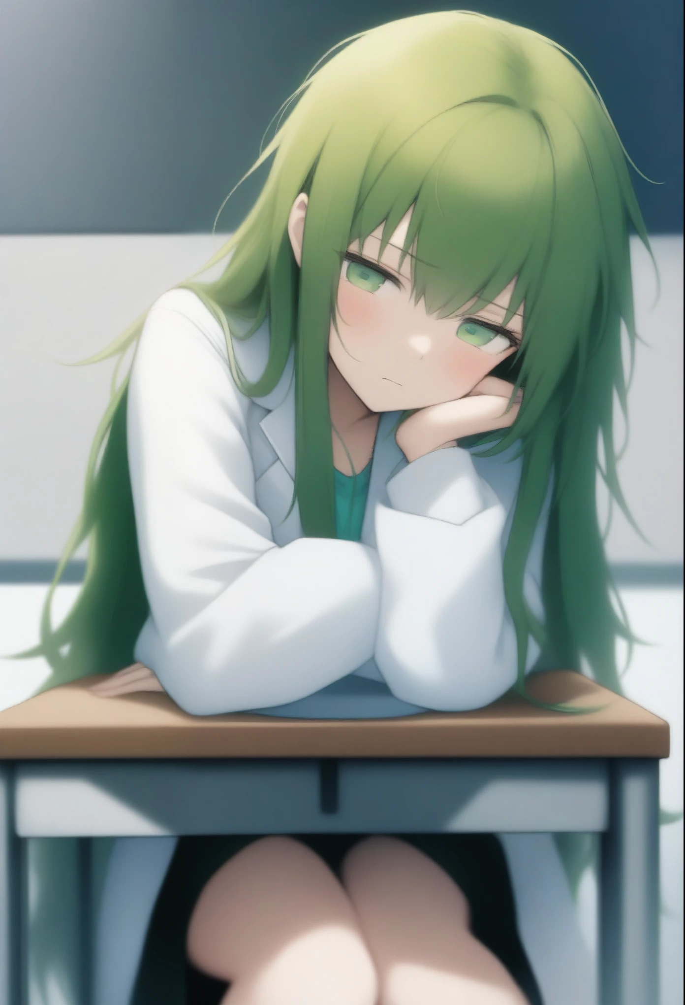 masterpiece, best quality, 1girl, , green eyes, beautiful eyes, tired expression, very long hair, messy hair, green hair, fringes, lab coat, (a blouse under a lab coat:1,25), oversized blouse, (white and green blouse:1,5), sitting at a desk, leaning on her elbows, lab in the backgroundm, Steins;Gate