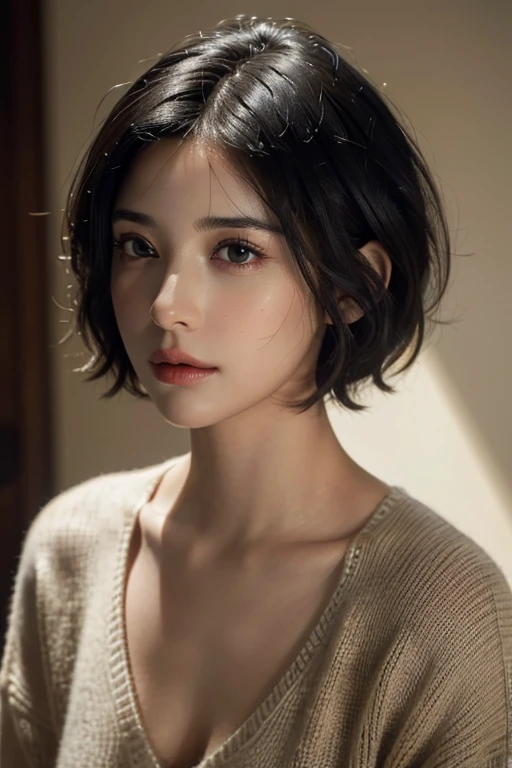 (masterpiece:1.3), (8k, lifelike, original photo, best quality: 1.4), (1 girl), pretty face, (realistic face), (black hair, short hair:1.3), beautiful hairstyle, realistic eyes, Beautiful and delicate eyes, (lifelike skin), beautiful skin, (sweater), ridiculous, attractive, ultra high resolution, Surreal, Very detailed, golden ratio