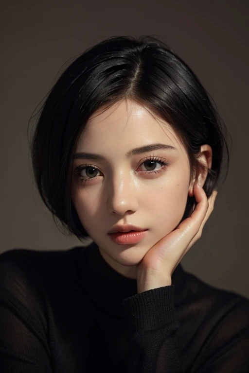 (masterpiece:1.3), (8k, lifelike, original photo, best quality: 1.4), (1 girl), pretty face, (realistic face), (black hair, short hair:1.3), beautiful hairstyle, realistic eyes, Beautiful and delicate eyes, (lifelike skin), beautiful skin, (sweater), ridiculous, attractive, ultra high resolution, Surreal, Very detailed, golden ratio