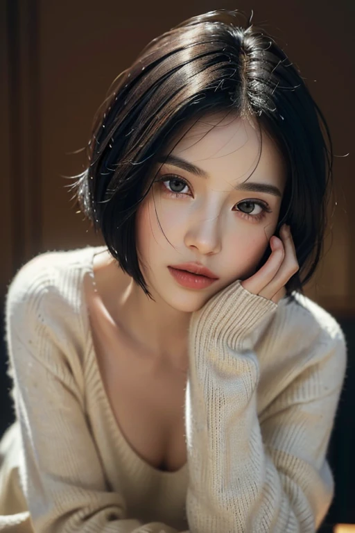 (masterpiece:1.3), (8k, lifelike, original photo, best quality: 1.4), (1 girl), pretty face, (realistic face), (black hair, short hair:1.3), beautiful hairstyle, realistic eyes, Beautiful and delicate eyes, (lifelike skin), beautiful skin, (sweater), ridiculous, attractive, ultra high resolution, Surreal, Very detailed, golden ratio