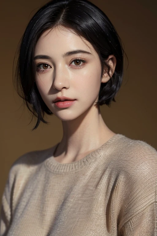(masterpiece:1.3), (8k, lifelike, original photo, best quality: 1.4), (1 girl), pretty face, (realistic face), (black hair, short hair:1.3), beautiful hairstyle, realistic eyes, Beautiful and delicate eyes, (lifelike skin), beautiful skin, (sweater), ridiculous, attractive, ultra high resolution, Surreal, Very detailed, golden ratio