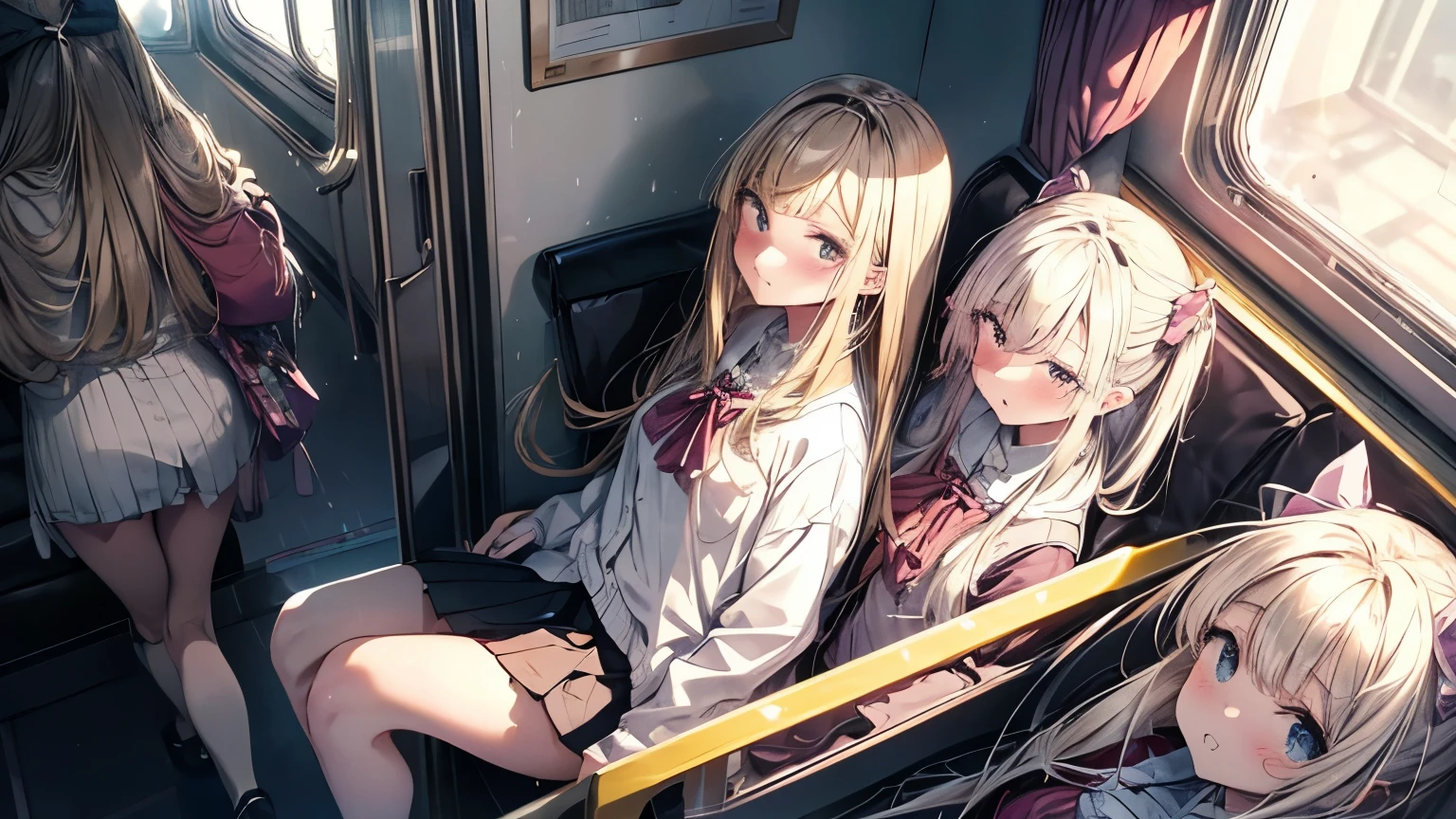 highest quality, Ultra-detailed, 8K, Three Girls,on the train, Seats across from you, Window on the back, high school girl, Sitting, Not wearing pants, Spreading her legs, (blush:1.2), ((Pussy juice:1.3)), (Sexual pleasure expression:1.4), lily, nsfw, Wearing a short skirt, Her skirt is flipped up