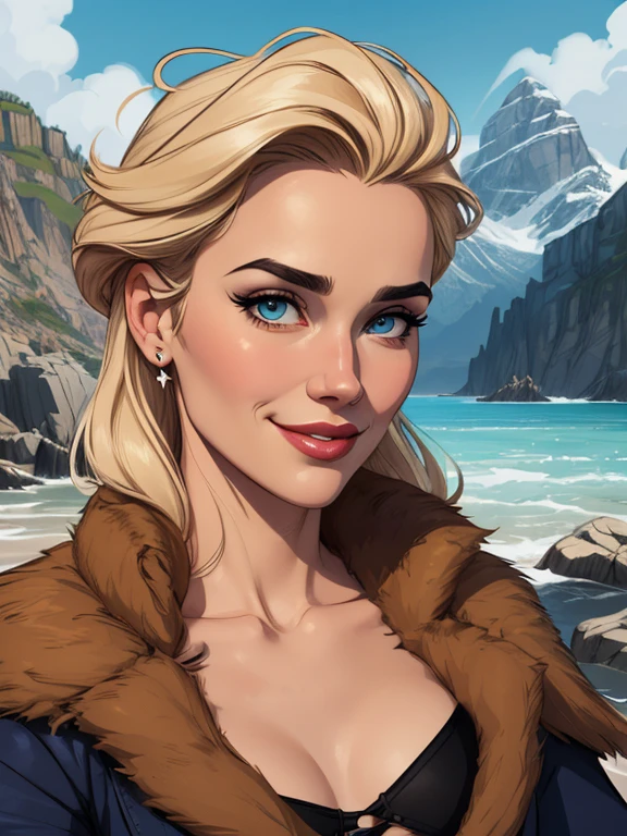 Personagem mulher estilo atompunk Fiona rainha Anna de Arendelle com marcas de guerras Imagem de desenho animado de uma mulher .Ilustra??o estilo desenho animado, estilo de arte dos desenhos animados, estilo de arte dos desenhos animados, digital illustration style, estilo atompunk design de personagens altamente detalhado, arte digital detalhada coragem, Forest fan art, Design de personagens de retrato, beautiful digital illustration, retrato de alta qualidade, Arte em quadrinhos, mulher jovem cabelo com transas lindas . Queen Anna of ArendelleBeautiful lined eyes Medium large bust and wonderful sexy clothes. image expression of sexual desire from waist to head illustration Queen Anne of Arendelle atompunk style Fallout 4 style pose playboy magazine sensual witch Character cartoon style facial expression happy beautiful smile and six medium small portrait mode waist up with lots of gold around her other stones precious portrait mode waist up queen of the south Jennifer Connelly GTA scenery dominatrix gold coins chest with jewelry with her boyfriend, um homem com barba preta, armado com um estilo militar,