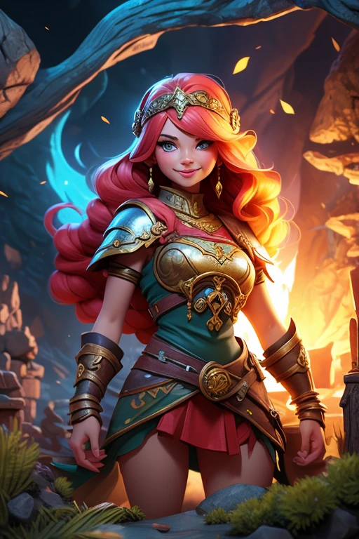 smiling fantasy barbarian girl,black bear,illustration,ultra-detailed,painted style,vibrant colors,heroic pose,fantasy portrait,adventure theme,strong and fearless girl,braided hair,wilderness,ancient ruins,leather armor,fierce expression,beautiful detailed eyes,beautiful detailed lips,soft lighting,enchanted sword,fantasy creatures,strength and beauty,bravery and courage,mythical realm,extraordinary power,noble and divine,heroic companion,fierce loyalty,magnificent fantasy world,