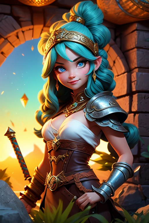 smiling fantasy barbarian girl,black bear,illustration,ultra-detailed,painted style,vibrant colors,heroic pose,fantasy portrait,adventure theme,strong and fearless girl,braided hair,wilderness,ancient ruins,leather armor,fierce expression,beautiful detailed eyes,beautiful detailed lips,soft lighting,enchanted sword,fantasy creatures,strength and beauty,bravery and courage,mythical realm,extraordinary power,noble and divine,heroic companion,fierce loyalty,magnificent fantasy world,