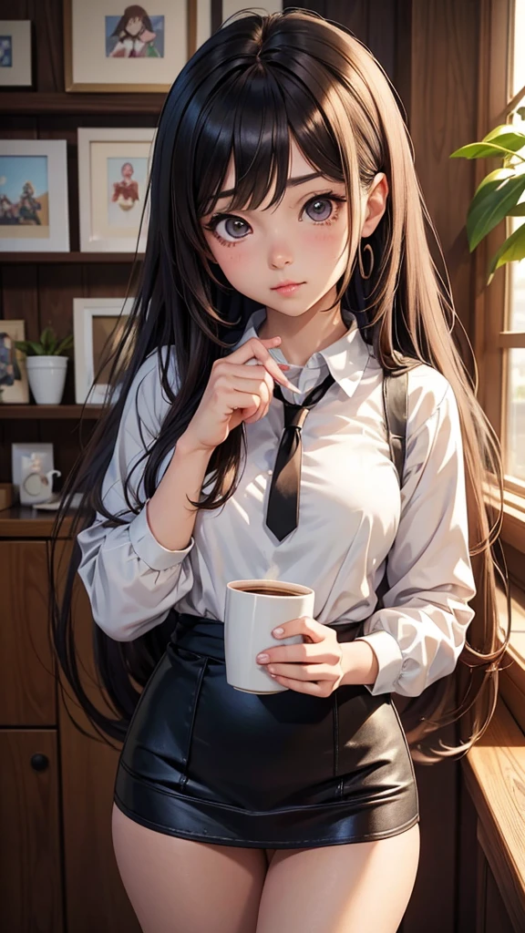 there is a woman that is holding a cup of coffee, anime girl in real life, realistic young anime girl, portrait of cute anime girl, cute natural anime face, kawaii realistic portrait, realistic anime 3 d style, cute kawaii girl, attractive anime girl, photorealistic anime, mysterious coffee shop girl, young anime girl, cute anime girl, anime girl with long hair