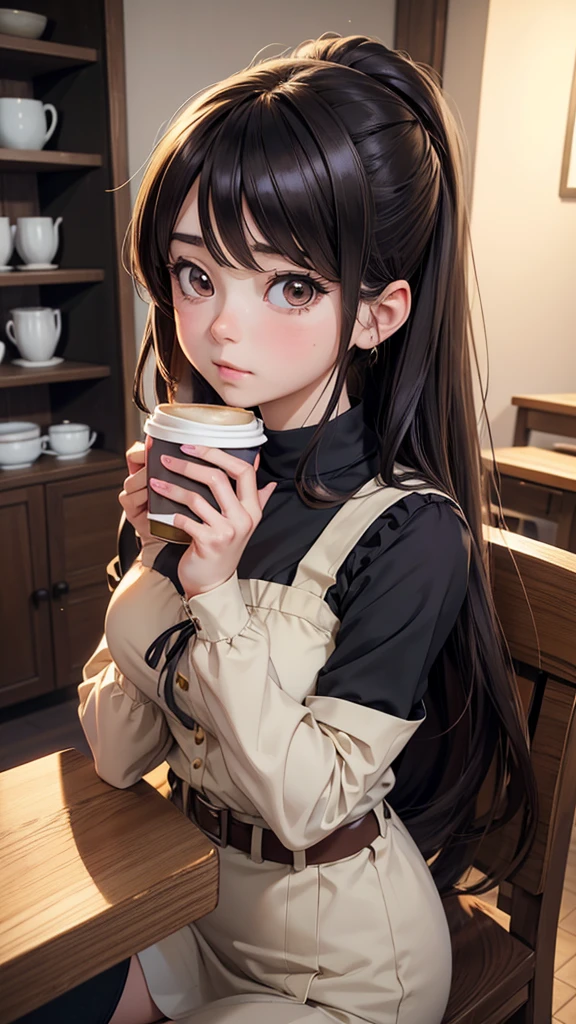 there is a woman that is holding a cup of coffee, anime girl in real life, realistic young anime girl, portrait of cute anime girl, cute natural anime face, kawaii realistic portrait, realistic anime 3 d style, cute kawaii girl, attractive anime girl, photorealistic anime, mysterious coffee shop girl, young anime girl, cute anime girl, anime girl with long hair