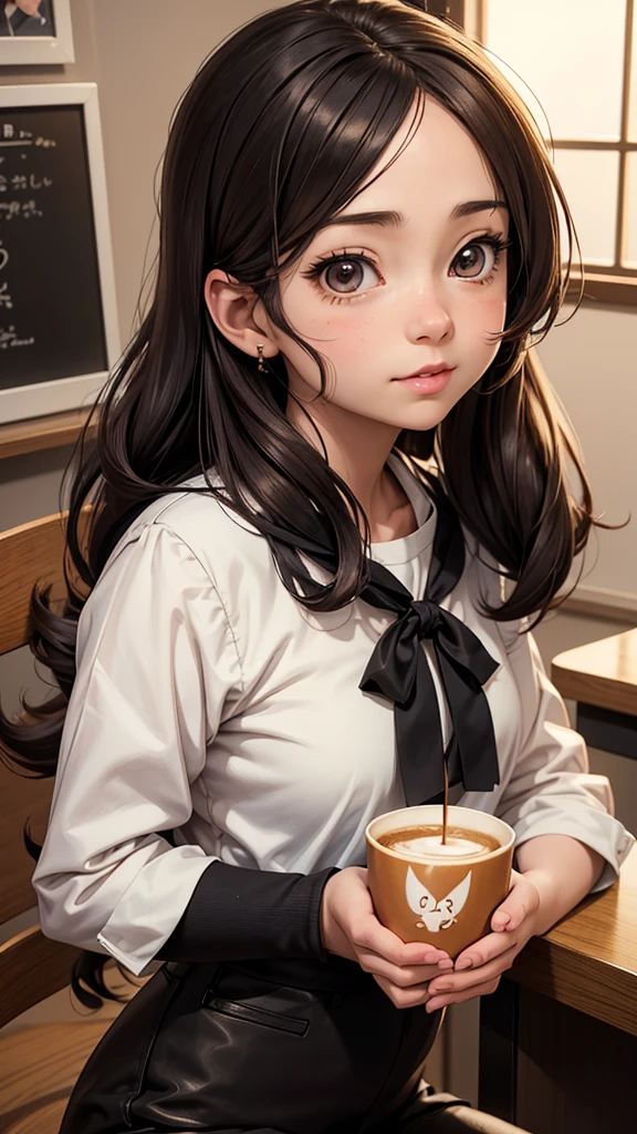 there is a woman that is holding a cup of coffee, anime girl in real life, realistic young anime girl, portrait of cute anime girl, cute natural anime face, kawaii realistic portrait, realistic anime 3 d style, cute kawaii girl, attractive anime girl, photorealistic anime, mysterious coffee shop girl, young anime girl, cute anime girl, anime girl with long hair