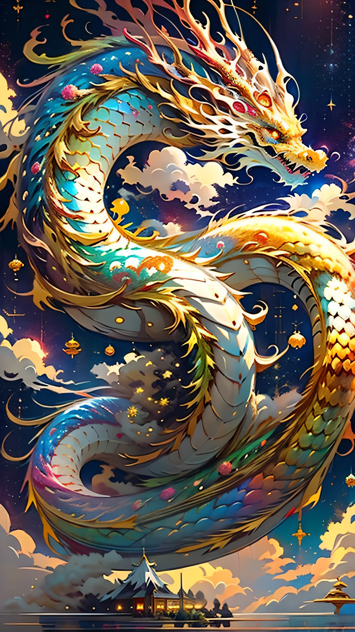 Golden Dragon。Rainbow glowing scales。The dragon god is coming。Golden Splash、Milky Way、god々々right、Red Mount Fuji in the background