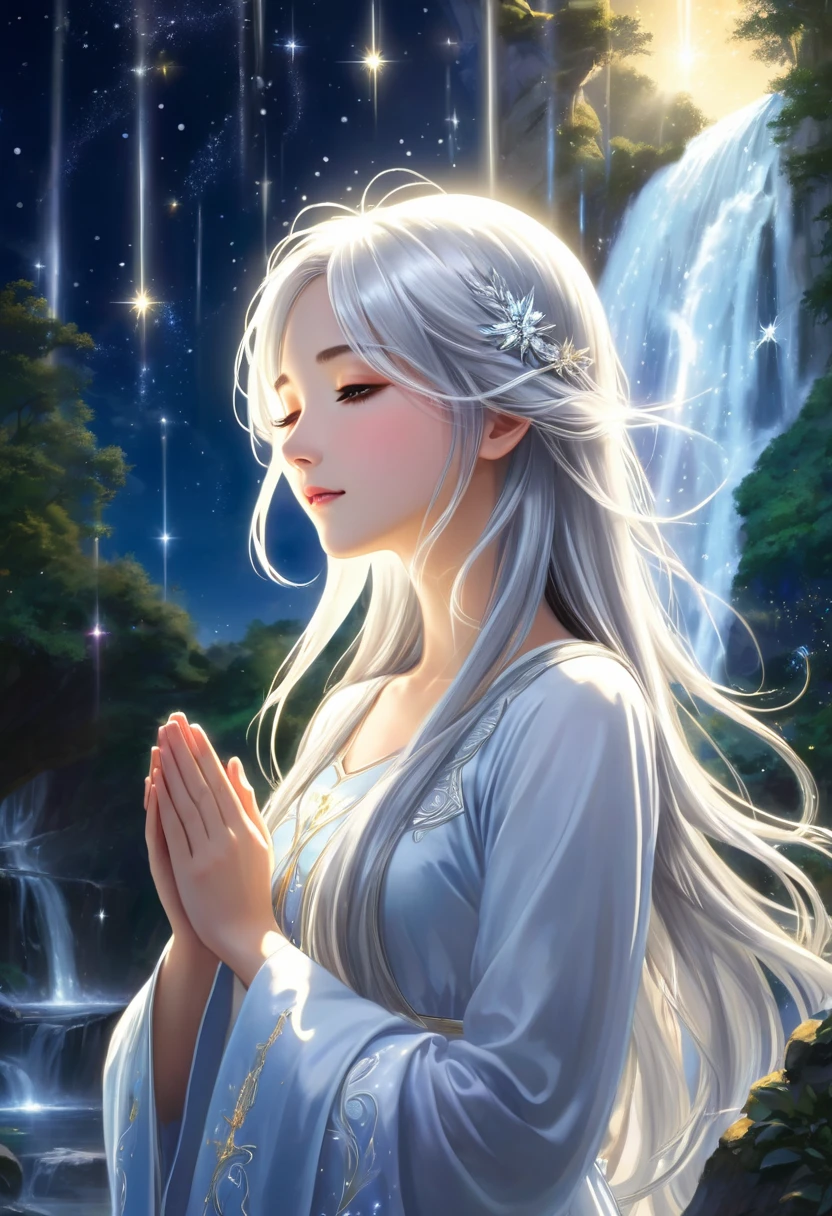 This scene depicts an anime/illustration girl with shiny and wonderful silver hair. The girl's long hair is silver.
The girl is wearing a hagoromo.
Girls are divine beings like angels (the silver-haired angel) and goddesses (the silver-haired goddess).
The place where the girl lives is a pure waterfall where stars shine.
The sacred silver light falling from the night sky illuminates the girl's profile, illuminating her elegant features and delicate hair, creating a tranquil atmosphere. A beautiful girl is depicted with long, shiny hair flowing in a noble and enchanting way that reflects the light. To pray to God, the girl closes her eyes and silently joins her hands in prayer. The girl's expression shows her desire for peace and harmony.