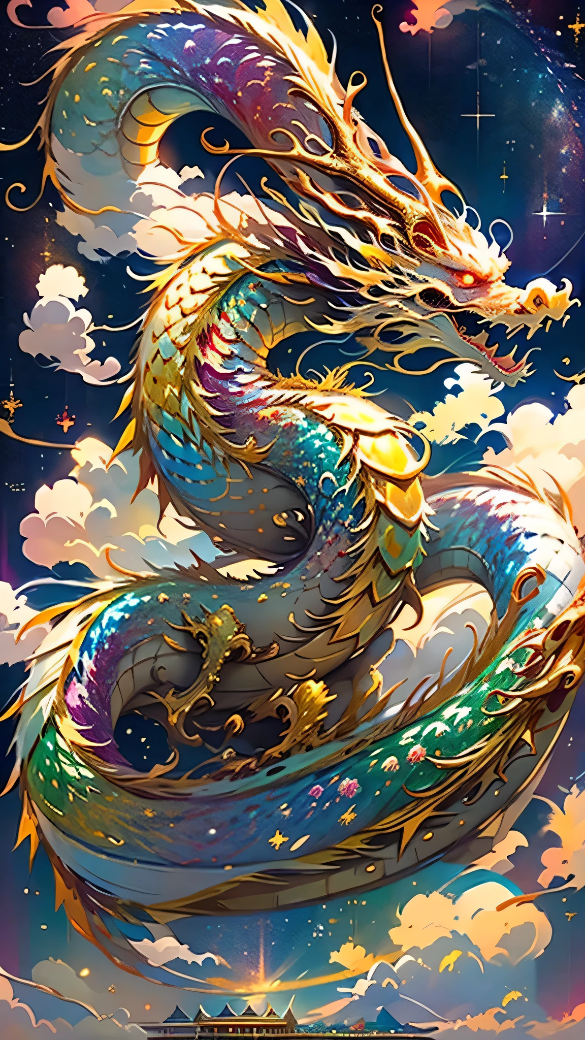Golden Dragon。Rainbow glowing scales。The dragon god is coming。Golden Splash、Milky Way、god々々right、Red Mount Fuji in the background