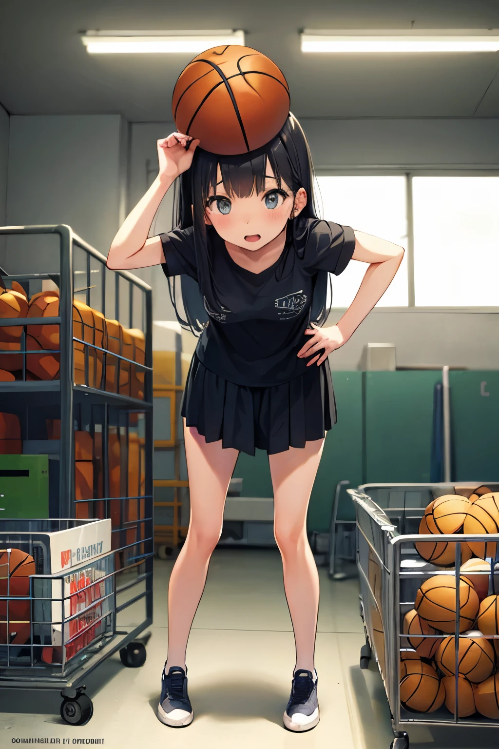 Gymnasium Warehouse、1 girl、masterpiece、highest quality、Very detailed、Basketball on your head
