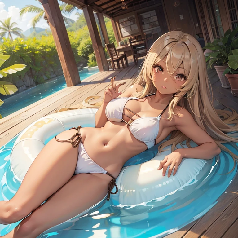 (masterpiece、highest quality、Super detailed)、1 adult lady、Perfect hands、Perfect Fingers、Perfect legs、blonde long hair、Glowing Skin、((brown skin:1.5))、Mid-chest、((Swimwear))、barefoot、very thick leg、lying、midriff peek、Bangs between the eyes、(Big round eyes:1.4)、