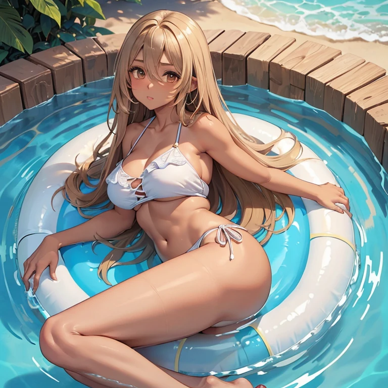 (masterpiece、highest quality、Super detailed)、1 adult lady、Perfect hands、Perfect Fingers、Perfect legs、blonde long hair、Glowing Skin、((brown skin:1.5))、Mid-chest、((Swimwear))、barefoot、very thick leg、lying、midriff peek、Bangs between the eyes、(Big round eyes:1.4)、
