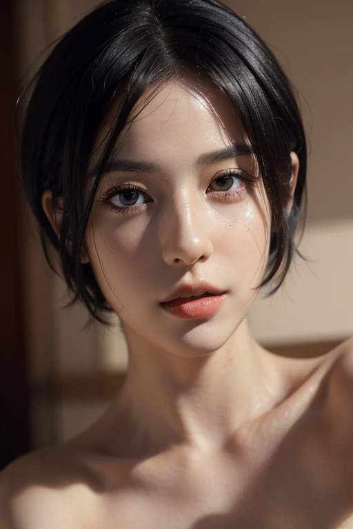 (masterpiece:1.3), (8k, lifelike, original photo, best quality: 1.4), (1 girl), pretty face, (realistic face), (black hair, short hair:1.3), beautiful hairstyle, realistic eyes, Beautiful and delicate eyes, (lifelike skin), beautiful skin, (naked), ridiculous, attractive, ultra high resolution, Surreal, Very detailed, golden ratio
